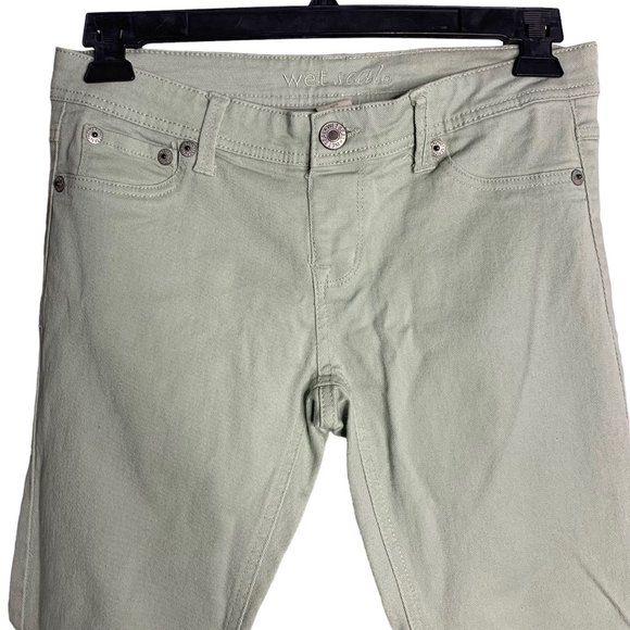 Wet Seal Mid Rise Jeggings Denim Skinny Jeans L Mint Green Pull On Back Pockets - Picture 2 of 5